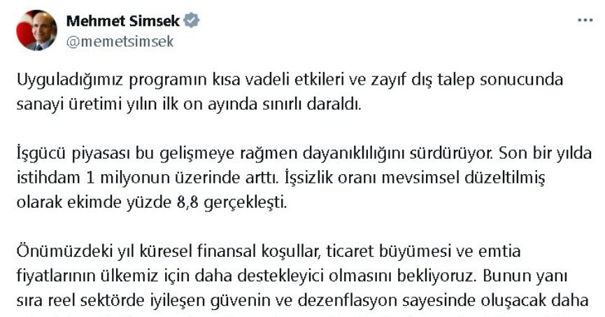 Bakan Şimşek: İş gücü piyasası dayanıklılığını sürdürüyor